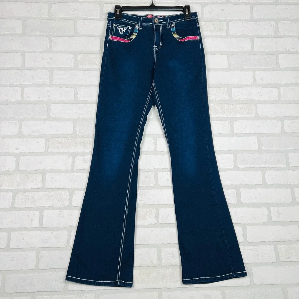 Dark Wash Girls' Flared Jeans with Pink Accent Stretch Denim